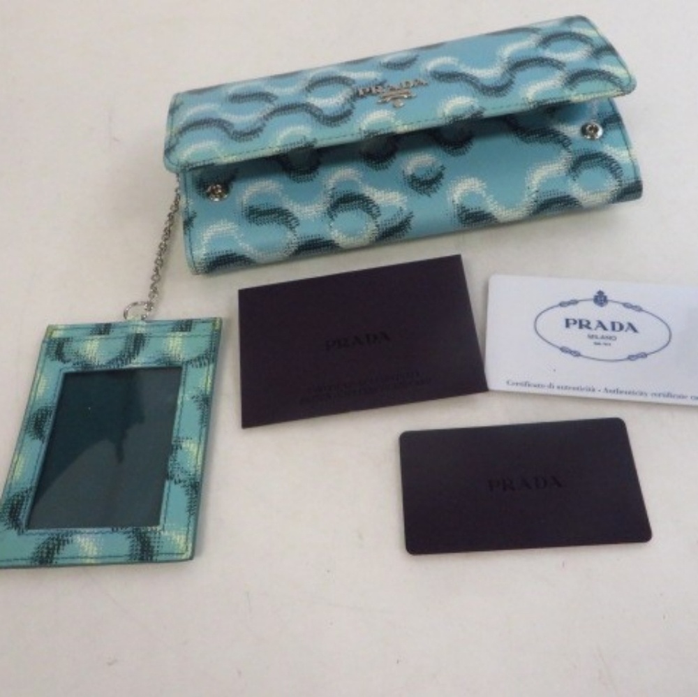 Prada Blue and Teal Patterned Leather Wallet with Mirror Tag